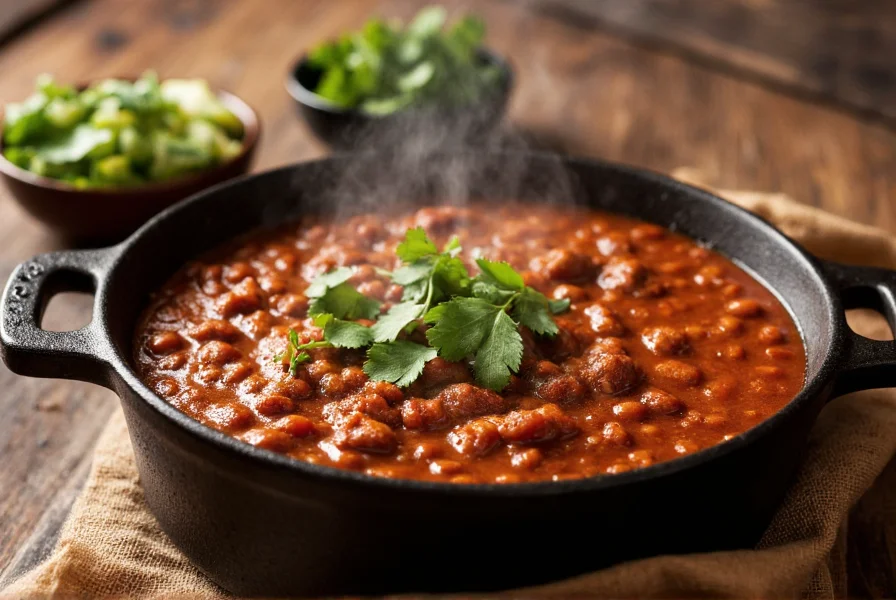 Finished Texas style chili in cast iron pot with steam rising, garnished with fresh cilantro