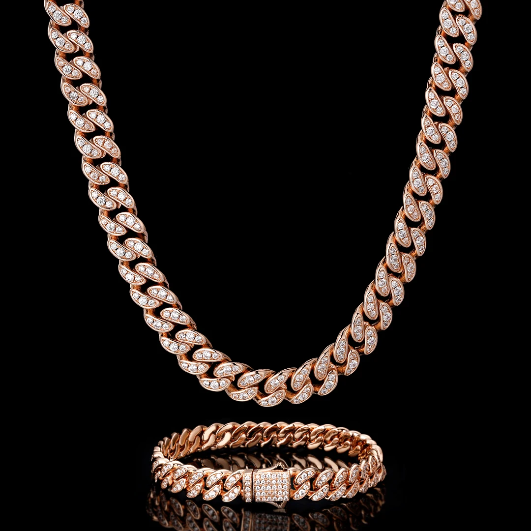 

KRKC Drop Shipping 1pcs Service in Stock 8mm Rose Gold Plated 5A CZ Diamond Iced Out Hip Hop Jewelry Choker Cuban Link Chain