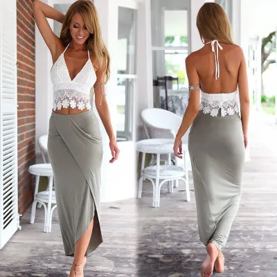 

sexy plain lace-up straps vest tops split tight skirts sexy fashion 2 pieces dresses set
