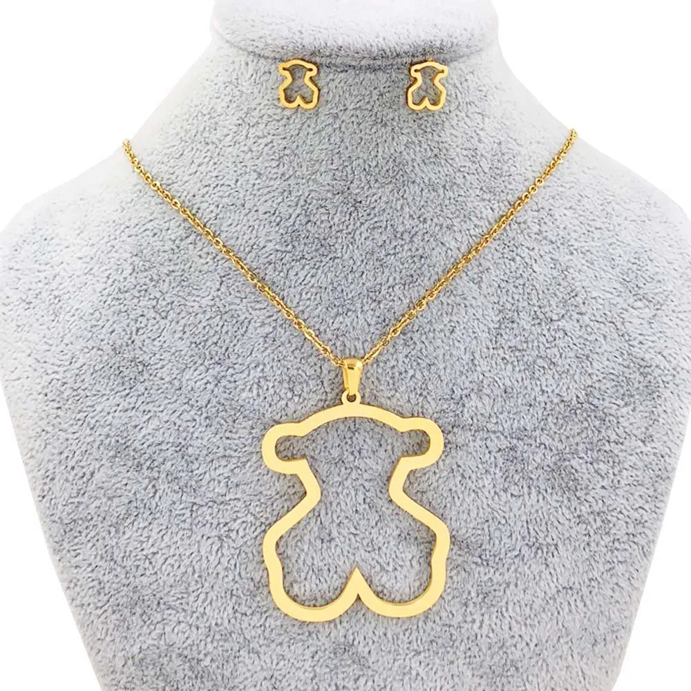 

Qings wholesale high quality women 18k gold plated Animal stainless steel bear Chain necklaces jewelry set