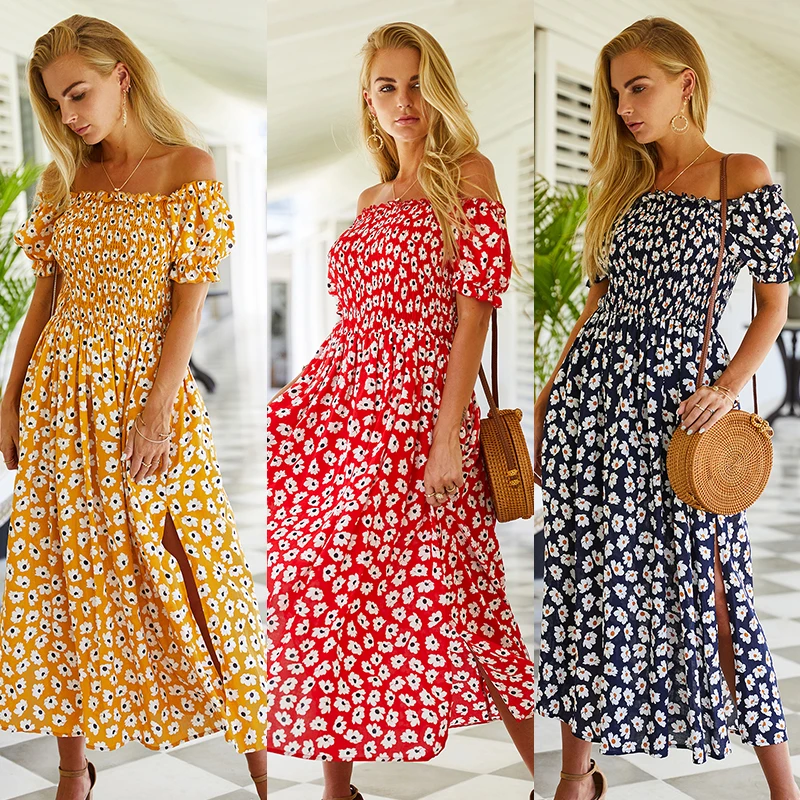 

patcwork color rayon viscose midi dress autumn short sleeve summer dresses casual floral printing, Yellow/burgandy/nay