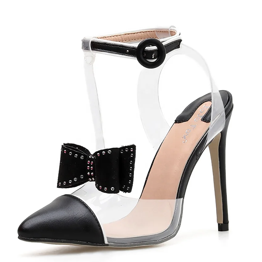 

Rivets Bowknot Women Dress Party Shoes PVC T-strap High Heel Pumps Women Sandals Stiletto Shoes, Black