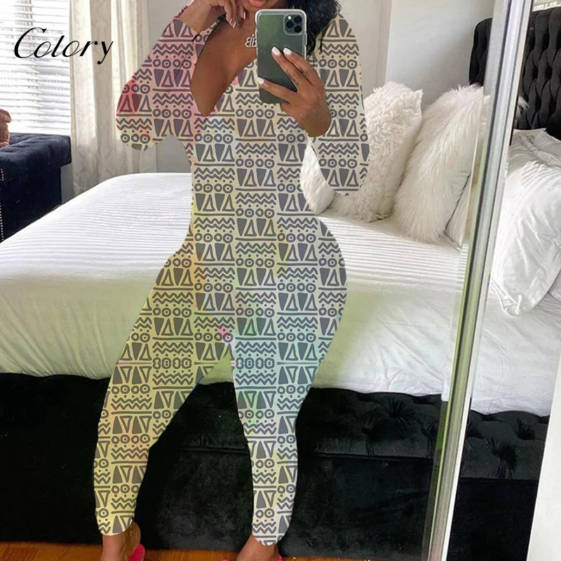 

Colory Deep V-neck Print Custom Adult Pajamas V Neck Onesie, Picture shows