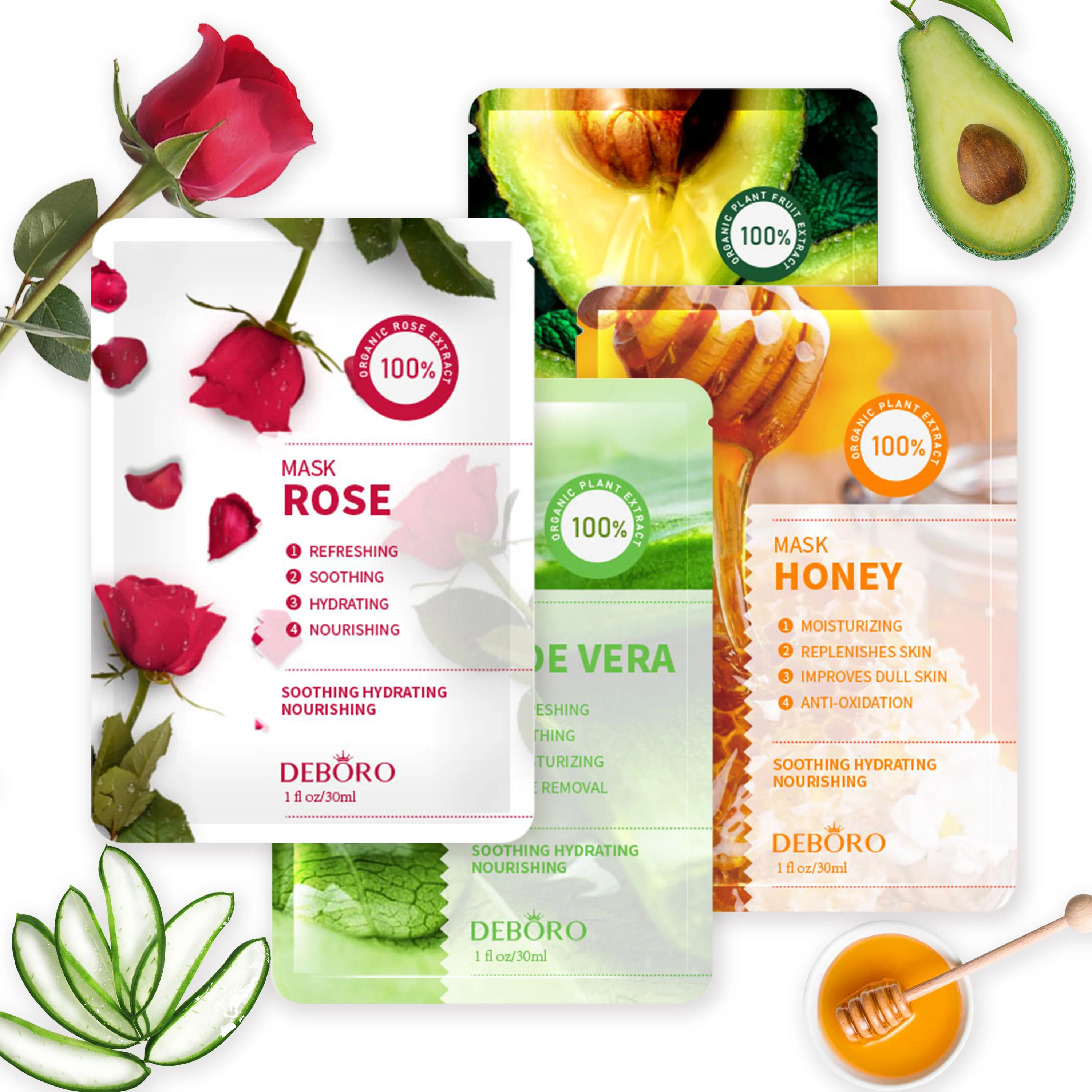

Revitalizing Hydrating Moisturizing Silk Rose Avocado Honey Facial Mask Sheet Aloe Vera Face Sheet Mask, Transparent