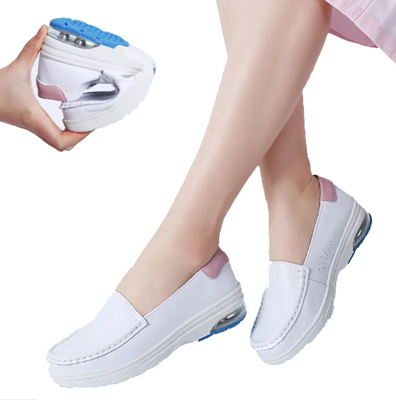 

TPR sole cow leather upper loafers non-slip white female hospital nursing shoes for nurse