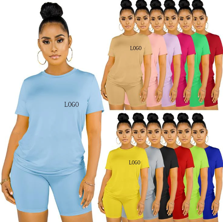 

Hot Sale Custom logo Women Clothing over size solid Short Sleeves Shorts Set Casual 2 Piece Women Outfit