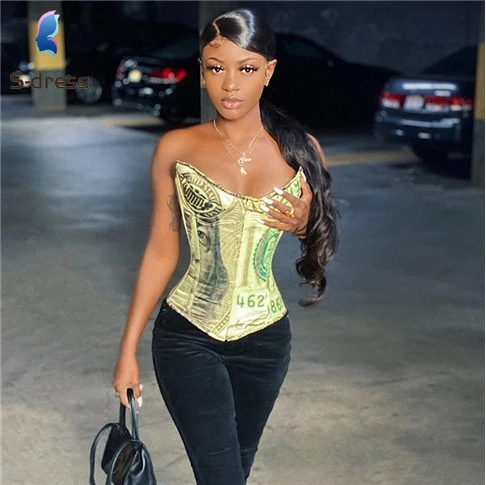 

C000030 Wholesale High Quality Money Print Fashion Slimming No Steel Ring Boned Corset