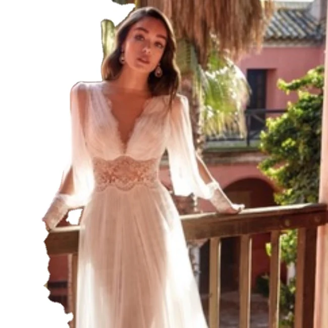 

Long Sleeves Wedding Dresses Sexy Nude Back See Through V Neck Bridal Gowns, Picture