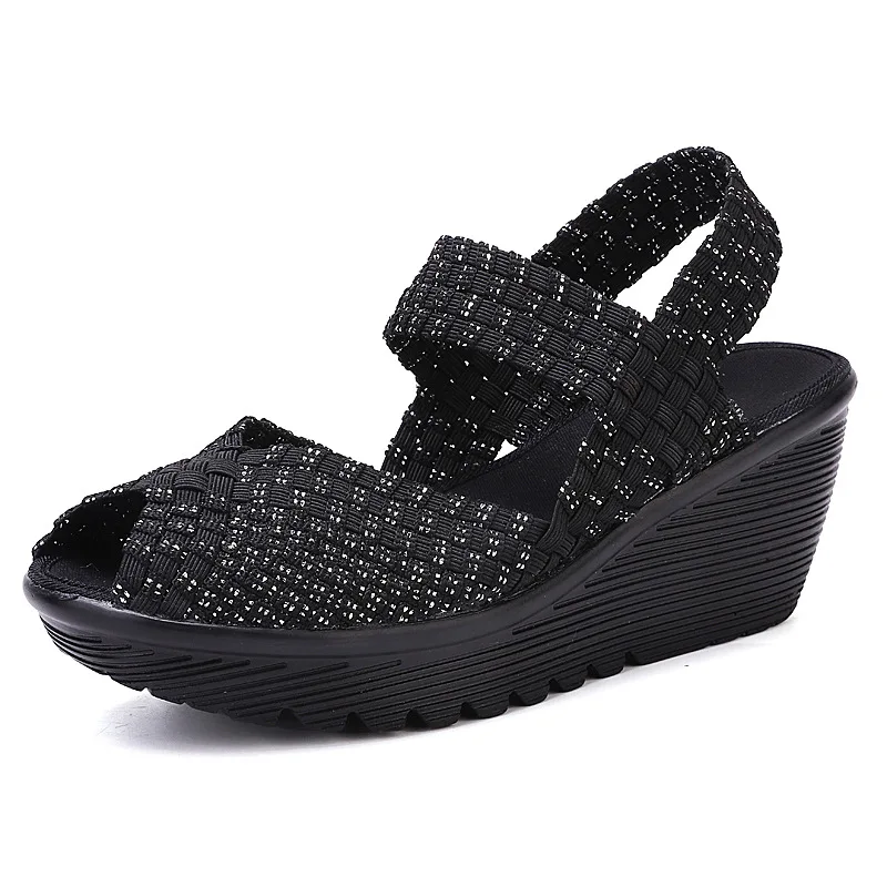 

women casual shoes handmade elastic woven wedge shoes summer sandals, Black,blue,grey ,as picture or requirement