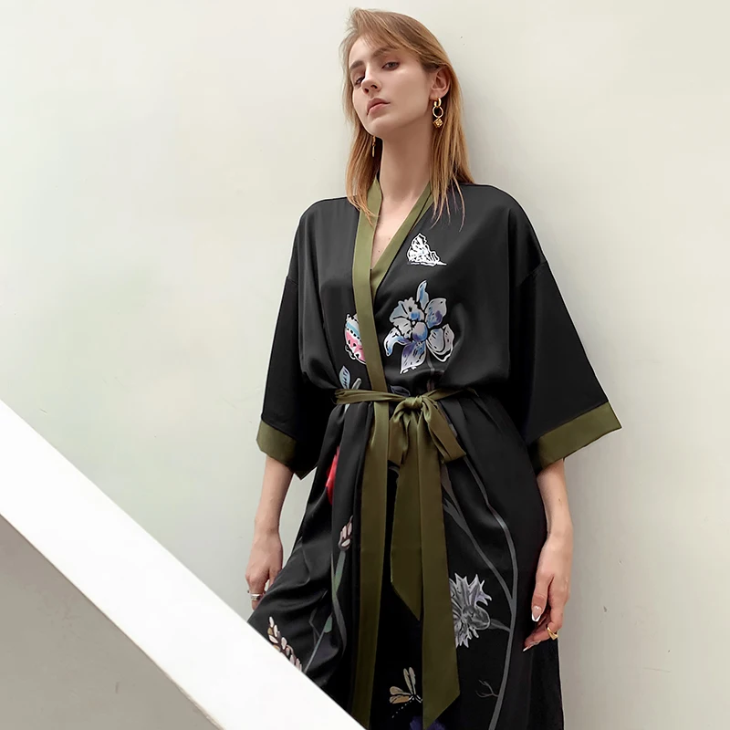 

Summer Ladies Home Clothes Women Floral Printed Long sleeved Strap Female Kimono Robe