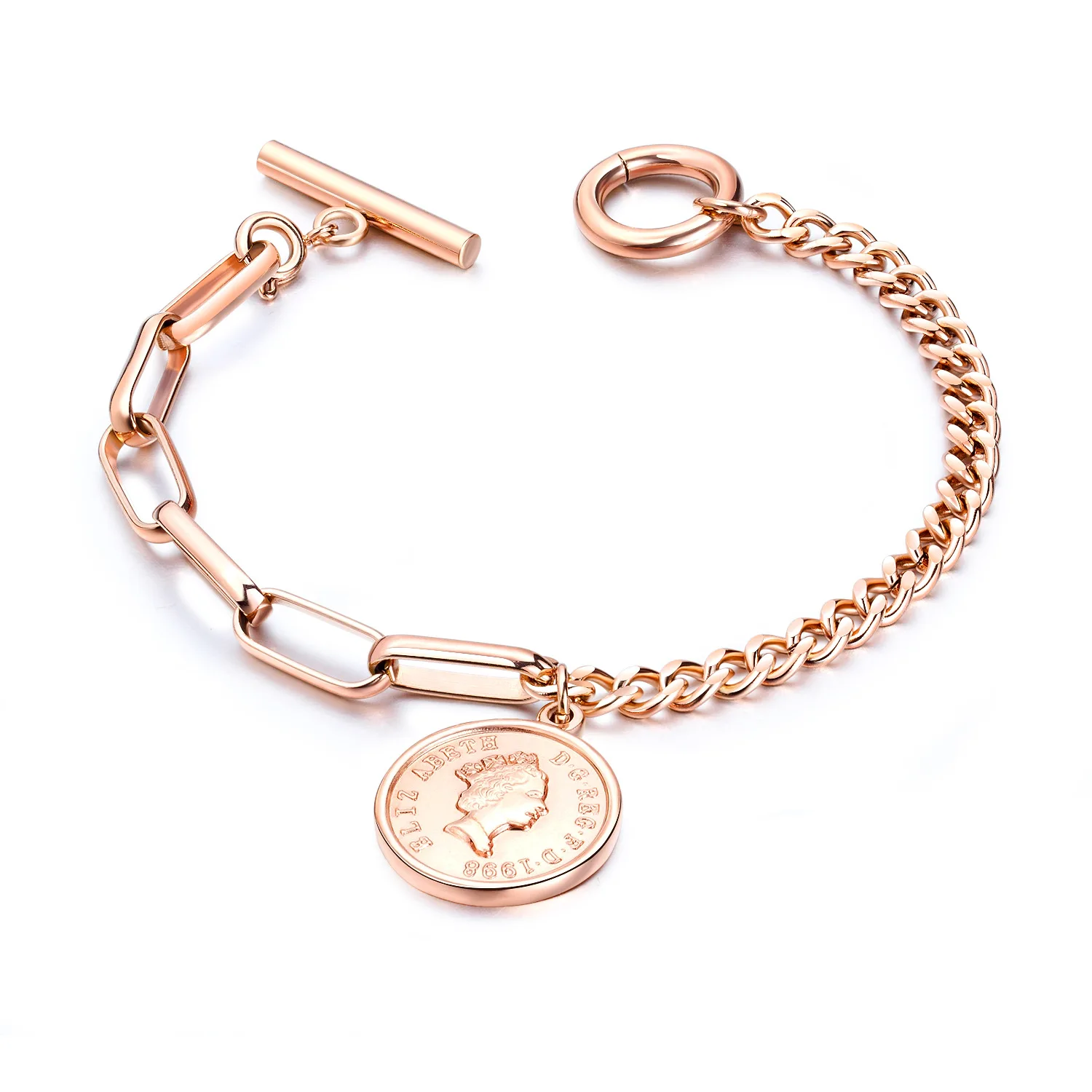 

High Quality Rose Gold Plated Portrait Charm Bracelet Stainless Steel Asymmetry Chain Round Coin Bracelet