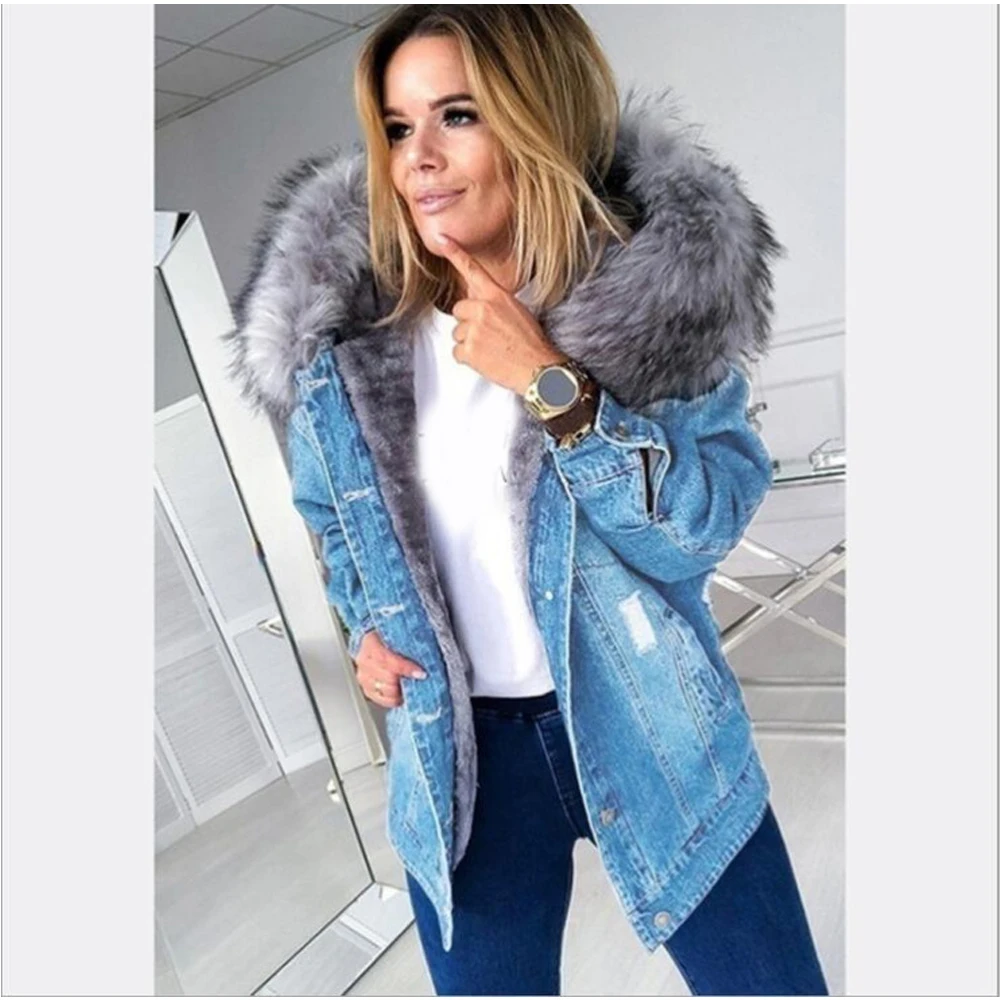 

Most popular classic winter thick women jean fur hooded coat plus size denim jacket with hood, Blue