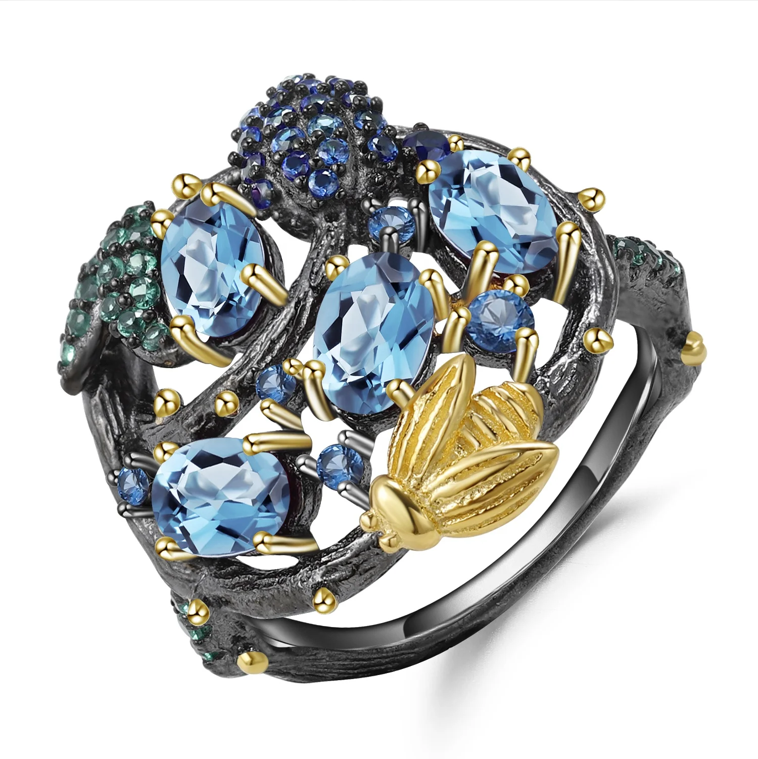 

Abiding Luxury Natural Style 925 Sterling Silver Handmade Fine Jewelry Natural Swiss Blue Topaz Ring Gold Bee Rings