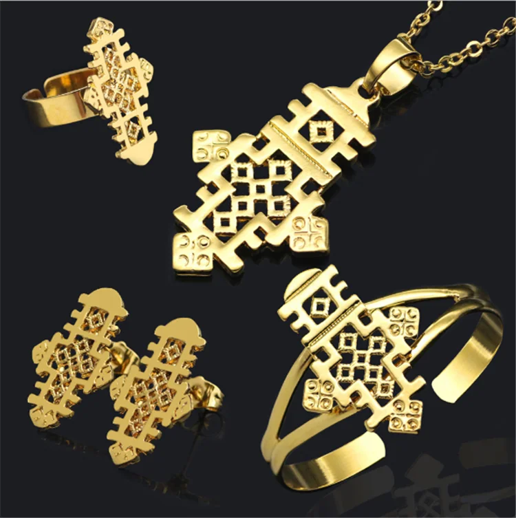 

Hot Selling Ethiopian Jewelry Set Necklace Bracelet Ring Earring Four Piece Set, Gold