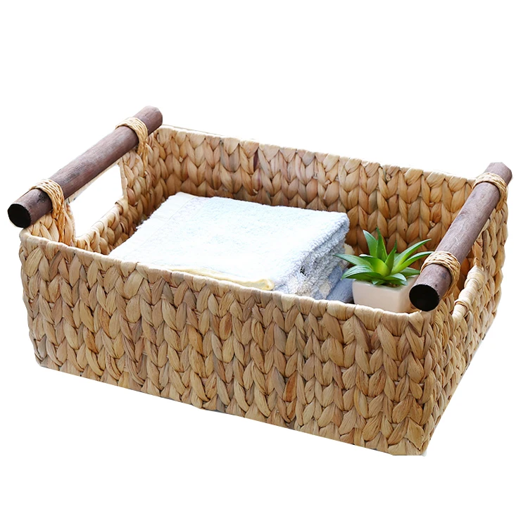 

Hot sale Natural water hyacinth storage baskets with wood handles, Natural or customized