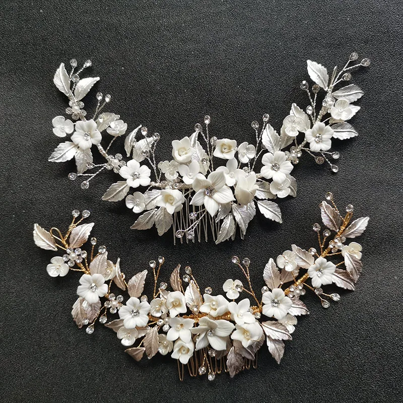 

SLBRIDAL Handmade Rhinestones Crystals Ceramic Flower Leaf Bridal Hair Comb Wedding Headband Hair accessories Women Jewelry