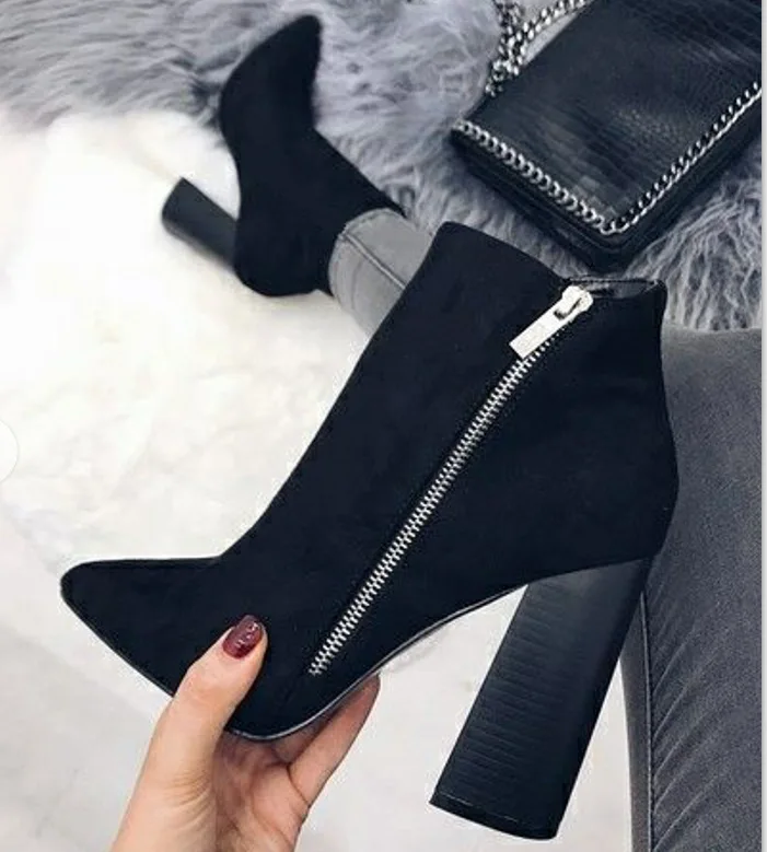 

CSB36 new fashion black zip up chunky heel ankle boots for women, Yellow ,blue