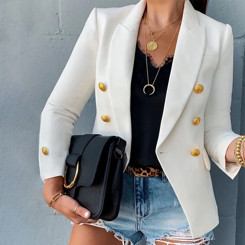 

Hot Selling Chaqueta Woman Blazer Jacket Solid Color Double Breasted Long Sleeve Blazers Ladies Women