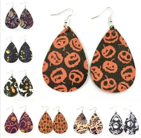 

Europe Festival Bat Pumpkin Print PU Leather Teardrop Earrings Halloween Faux Leather Earrings