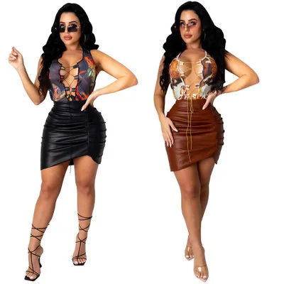 

2021 Hot Sale Women Patchwork Stacked Pu 2 Piece Skirt Set Summer Ladies Print Bandage Crop Top Skrit Set For Women's Skirts, Picture color