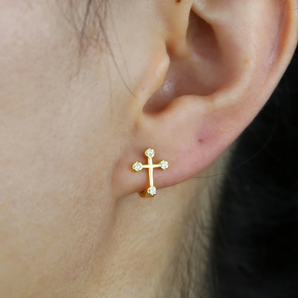 

100% 925 sterling silver mini small huggie hoops cross shaped multi piercing mini micro pave cz cubic zirconia hoop earring