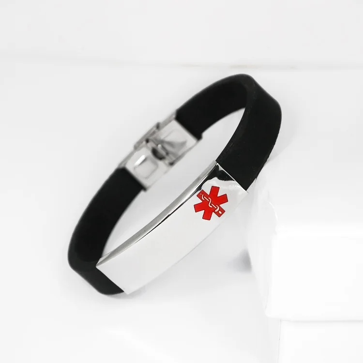 

2021 Hot Titanium Steel Medical Treatment Alert Bracelet Rubber Wristbands Red Warn Life Star Silicone Wristband Bracelet Bangle, Black