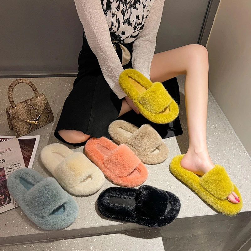 

MMX108 Women Trendy Solid Furry Slippers Wholesale Price Indoor Faux Fur House Slippers, As picture or custom