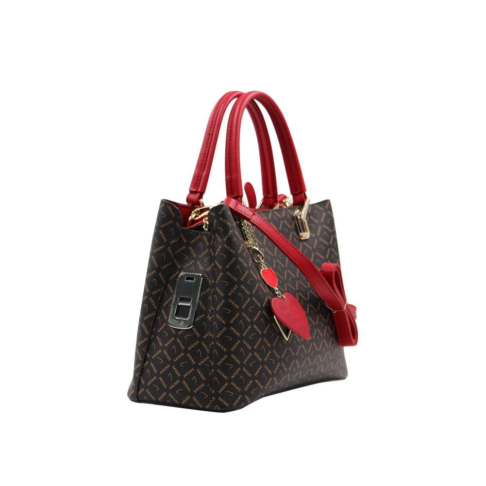 

China Factory Seller Women Hot Sale Woman Handbags Wholesale Ladies Bags Handbag Set Smart Fingerprint Handbag In Chinese, Coffee + red