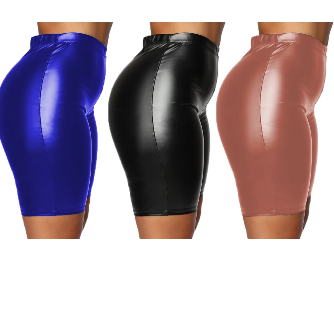 

plus size womens shorts 2022 summer casual solid color pu leather high waist fitted slim sexy tight shorts