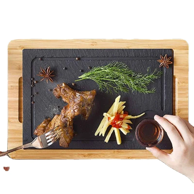 

Food Steak Marble Dinner Plates with Wooden Tray Pizza Dish Black Slate Plate Cake Breadboard Steak Dish Chopping Board, Natural