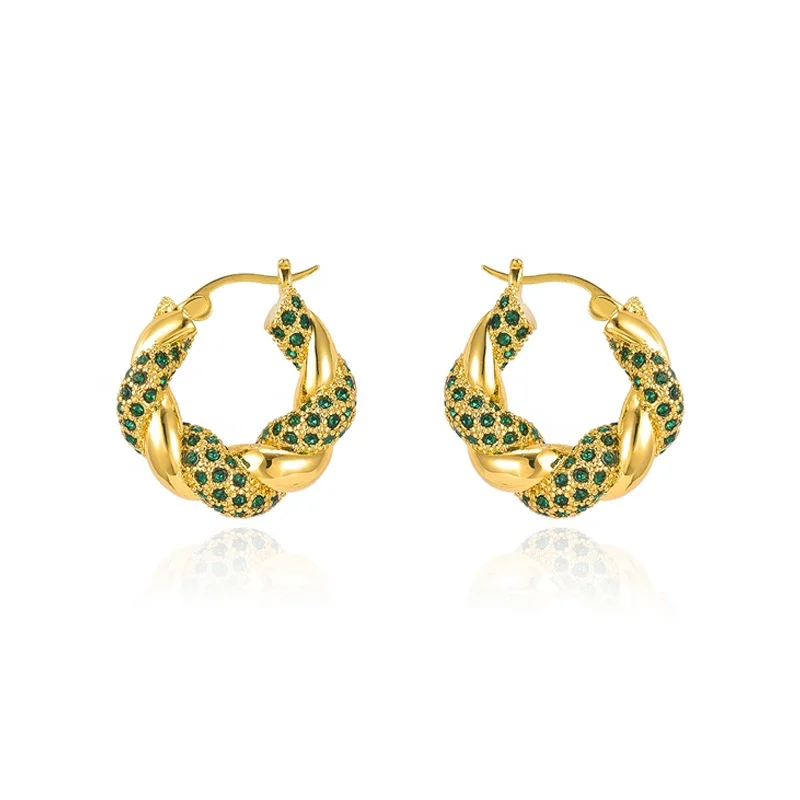 

French Vintage High Jewelry Twist-wrapped Full Diamond Plated Real Gold hoop Earrings, Customized color