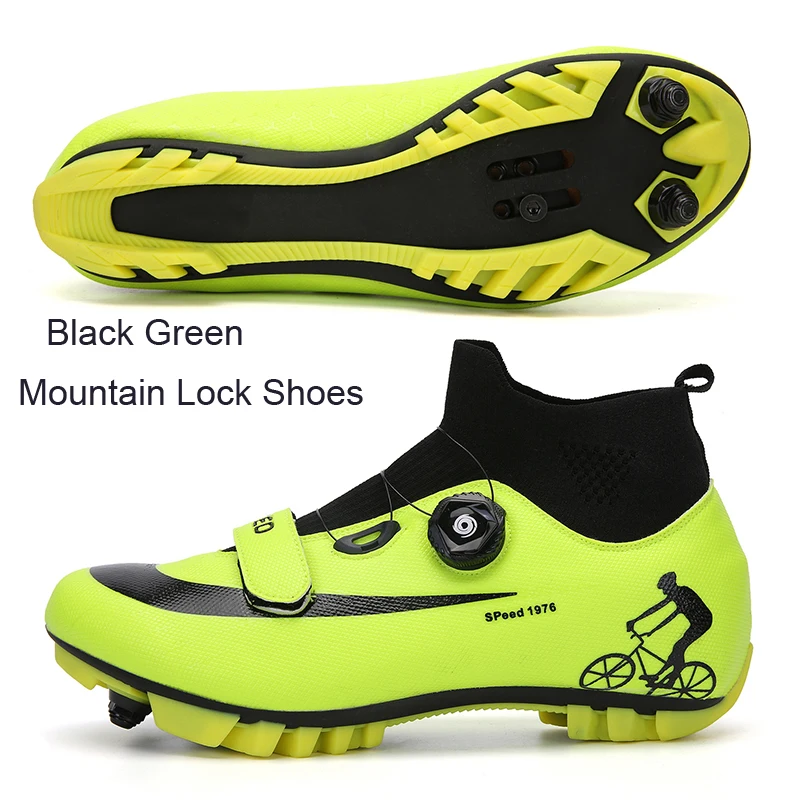 

Professional Womens High Top MTB Self-Locking Bicycle Mountain Bike Cleats Green Sneakers Mountain Cycling Shoes