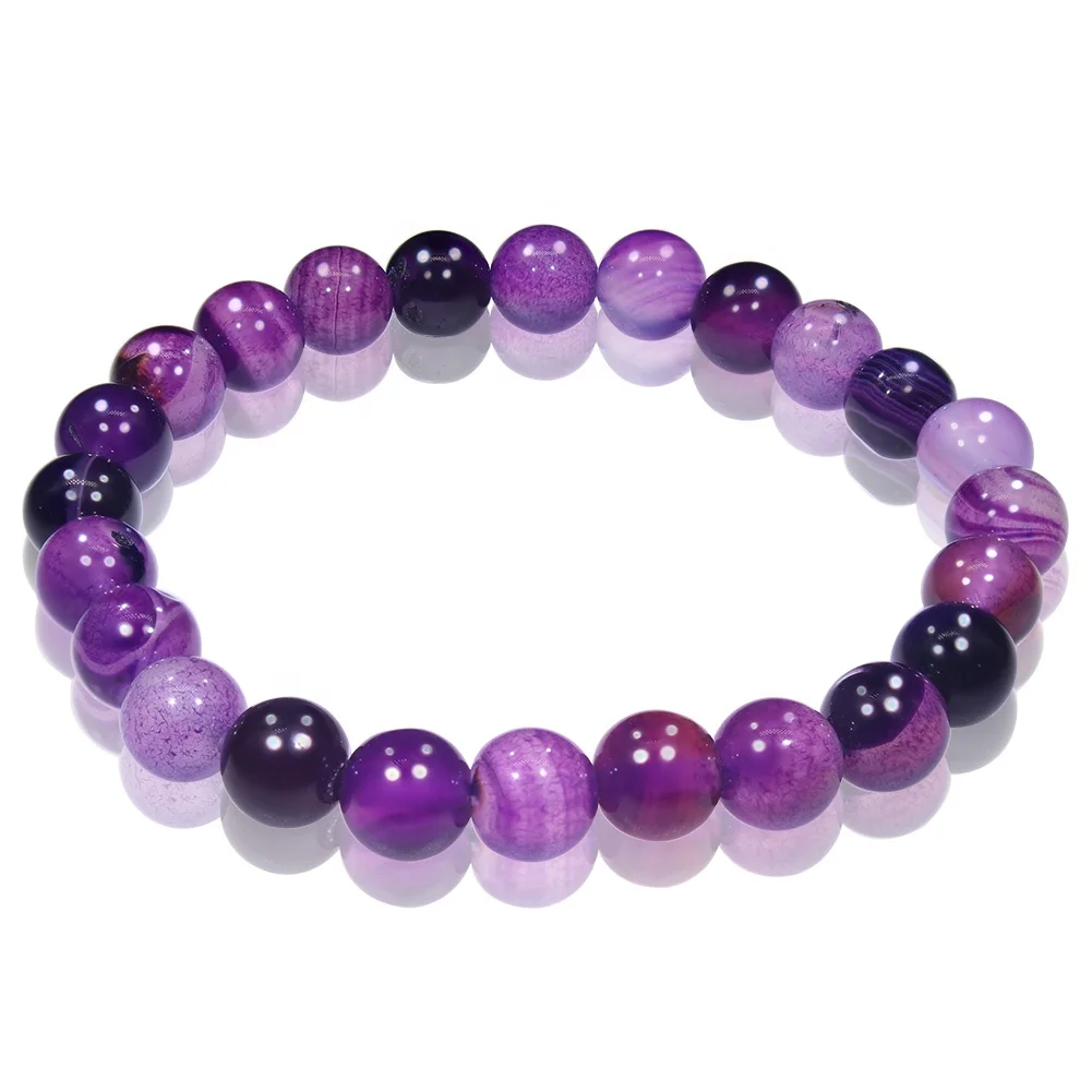 

Fashion Women Natural Stone Round Beads Beaded Stripe Purple Agate Elastic Bracelet