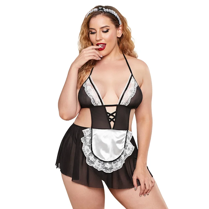 

Honeymoon Lingerie Hollow-Out Costume Bust Lace Upper Open Back Plus Size Babydoll Nighties