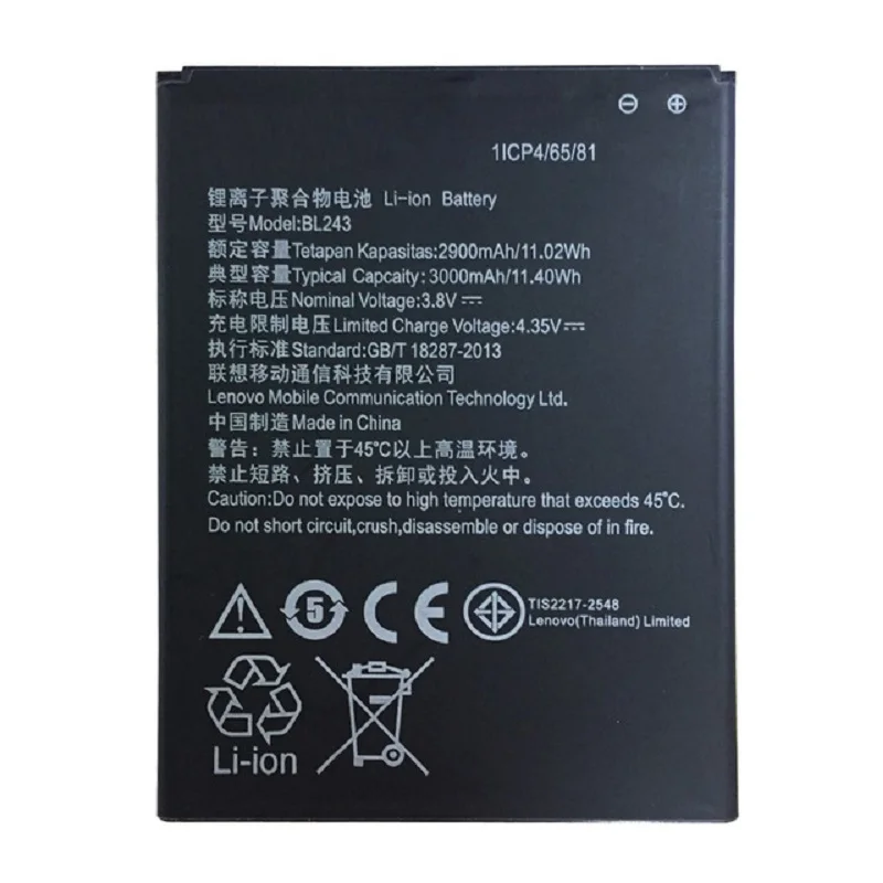 

Wholesale High Quality 3.8V 2900Mah Lithium Phone Battery Bl243 For Lenovo Lemon K3 Note K50-T5 A7000 A5500 A5600 A7600, Balck