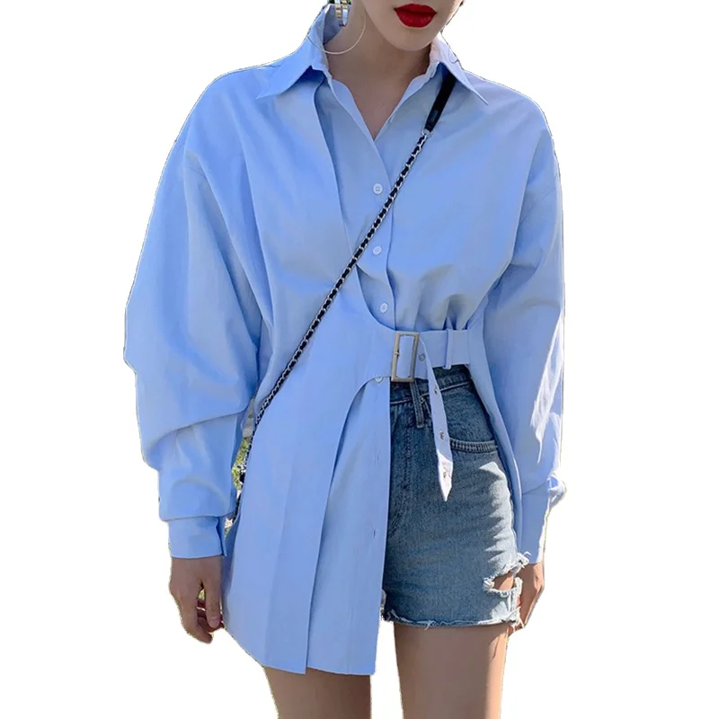 

TWOTWINSTYLE Lapel Long Sleeve Asymmetrical Hem Straight Blouses Female 2021