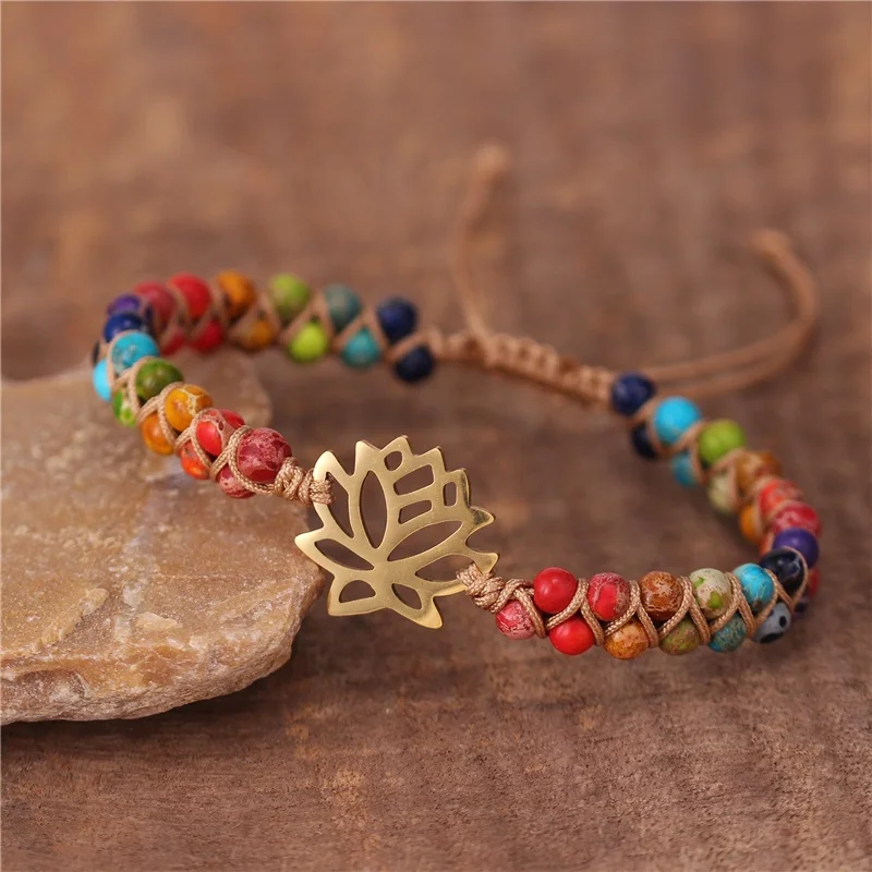 

18k Gold Lotus flower Charm 7 Chakra Imperial Jasper Beaded Macrame Braided Bracelet Ethnic String Woven Bracelet Wholesale