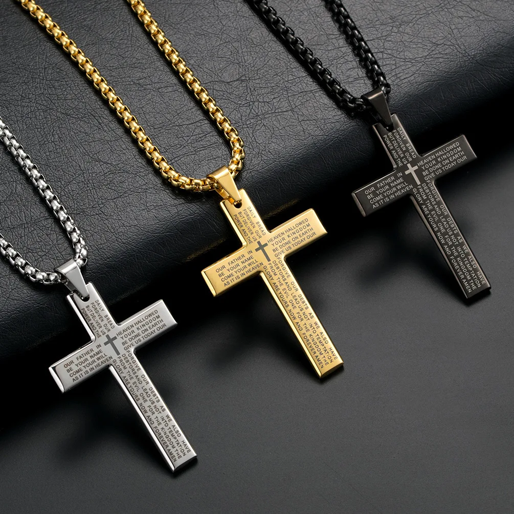 

Titanium Steel Bible Cross Necklace Scripture Pendant Chain Necklace Religious Believers Stainless Steel Necklace, As the picture