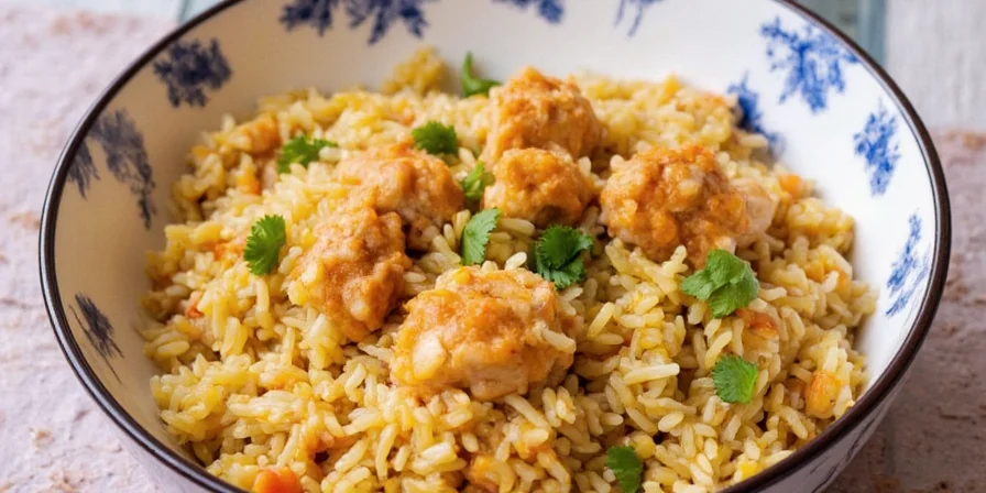 Leftover arroz con pollo reheated