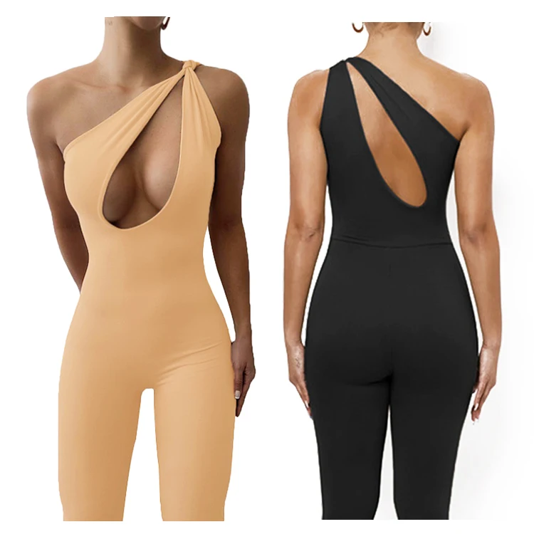 

wholesale women sleeveless slim jumpsuit Clothing Deep V Neck Party Slim Patchwork one shoulder bodysuits yoga pants Jumpsuit, Apricot,black,white,red,blue,