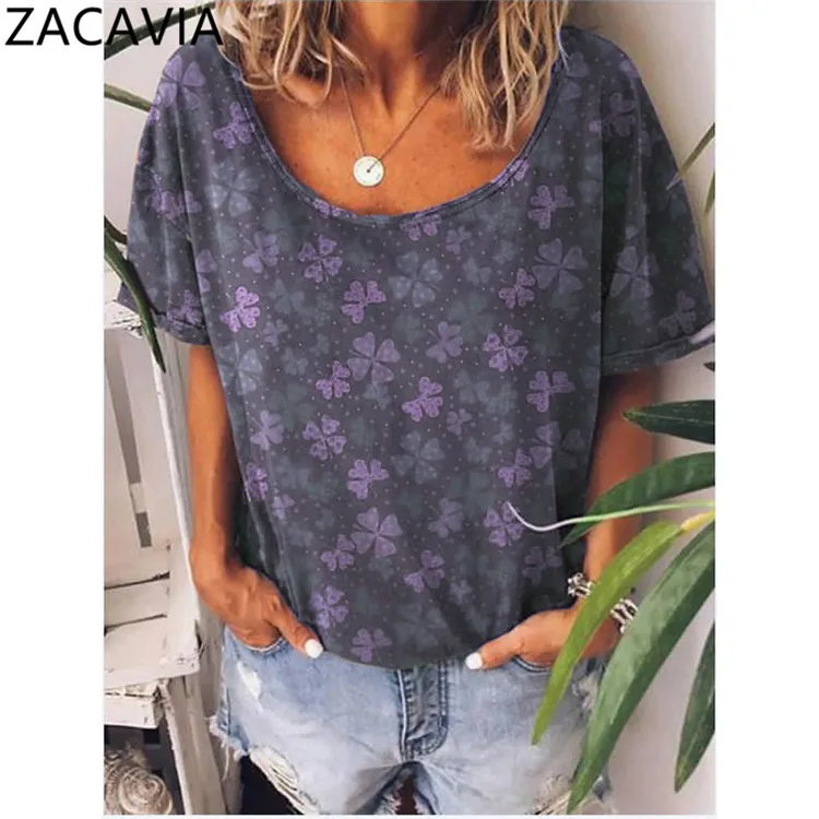 

ZACAVIA New Spring and Summer Short Sleeve Print Loose Collar T - Shirt Dress, As pictures