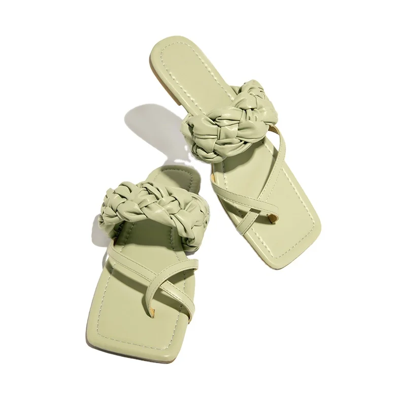 

2021 Summer Square toe woven flat slippers fancy Flip-flops slippers fashion Women's slippers, Customized color