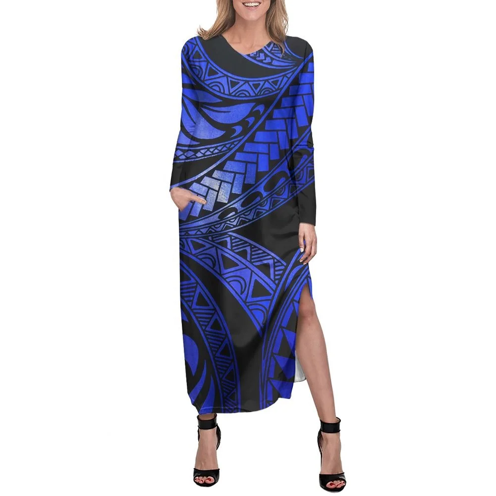

Maori Polynesian Tribal Tattoo Blue Pattern Sexy V Neck Long Sleeve Split Maxi Dress Ladies Casual Pockets Women Wholesale, Customized color