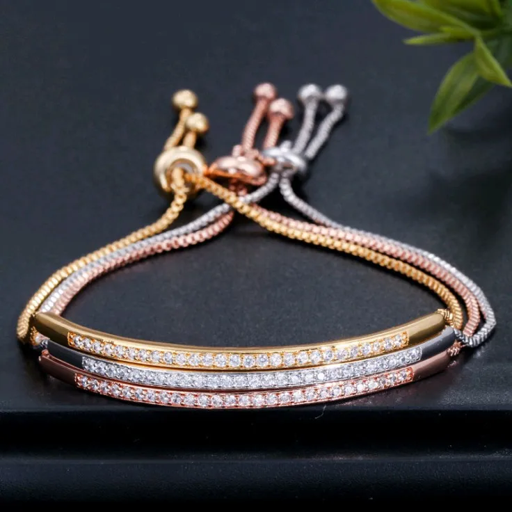 

Adjustable Bracelet Bangle for Women Captivate Bar Slider Brilliant CZ Rose Gold Color Jewelry Pulseira Feminia N2011221, Picture