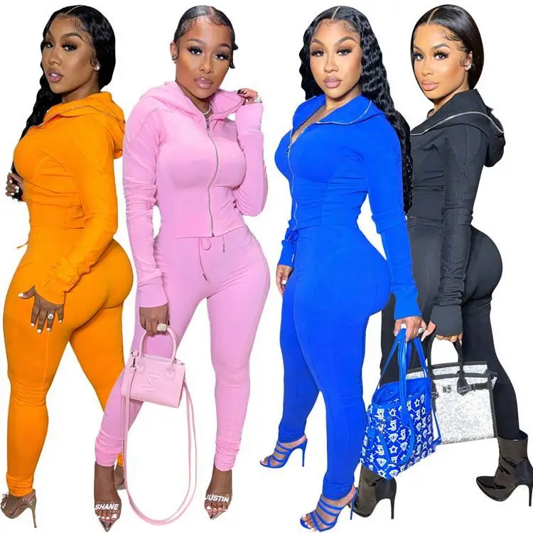 

Wholesale Solid Color Zipper Custom Two Piece Outfits Set Women Hoodie Two Piece Set Womans Clothing 2 Piece Two Piece Set