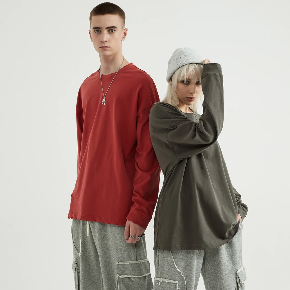 

2020 new casual men's drop shoulder 100% cotton solid color shirt logo custom printed long sleeve t shir