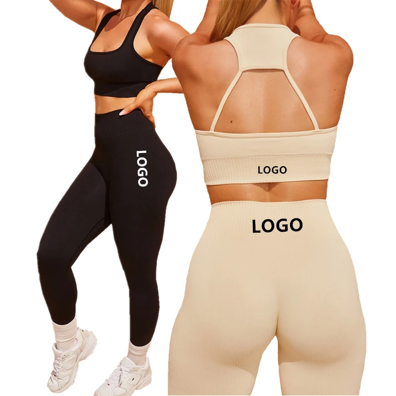 

2022 Fitness Apparel Women Seamless Yoga Pants Set Athletic Wear Ribbed Gym Scrunch Butt Leggings And Bra 2 piece Sports Suit, Black beige orange yellow green white and customization