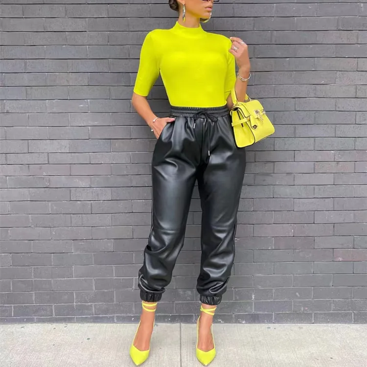 

Wholesale Woman Winter Clothes Faux Leather Pants New Arrivals Wide Leg Leather Pants Trending Women Leather Pants Plus Size, Black and white