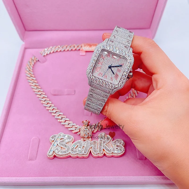 

women 35mm pink dial bust down fully iced out diamond moissanite watch, White gold