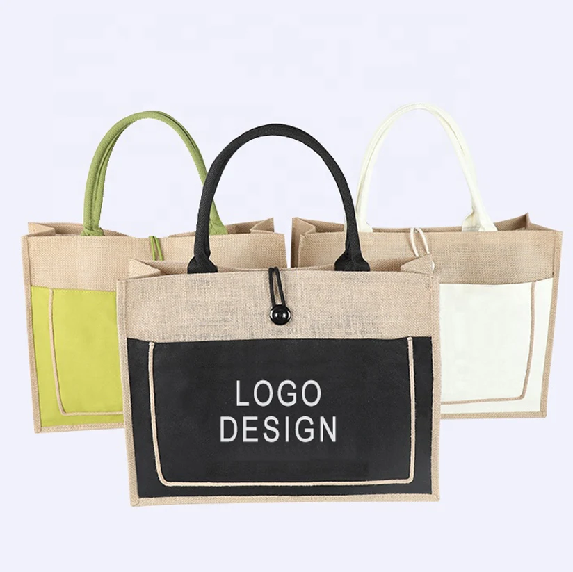 
Customized natural burlap eco friendly shopping bags printed button jute reusable tote bag with cotton webbing handle  (62376862344)